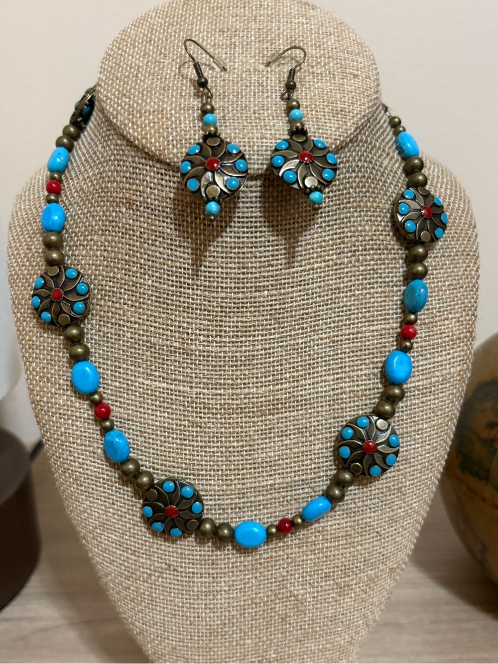 Turquoise and Red Beaded Necklace & Earring Set - Women Jewelry NEW
